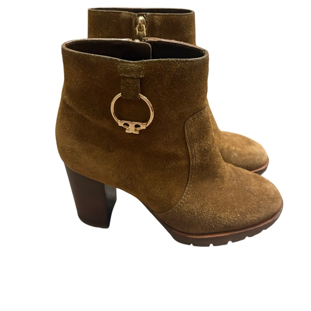 Tory Burch Sofia Logo Ring High Heel Ankle Suede Leather Booties Shoes Brown - Picture 3 of 8